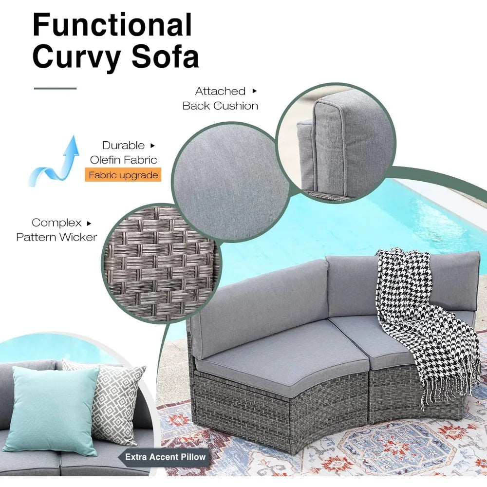 Furniture Sets with Tempered Glass Coffee Table and 4 Pillows, Half-Moon Sectional Round Set Curved Sofa Sets