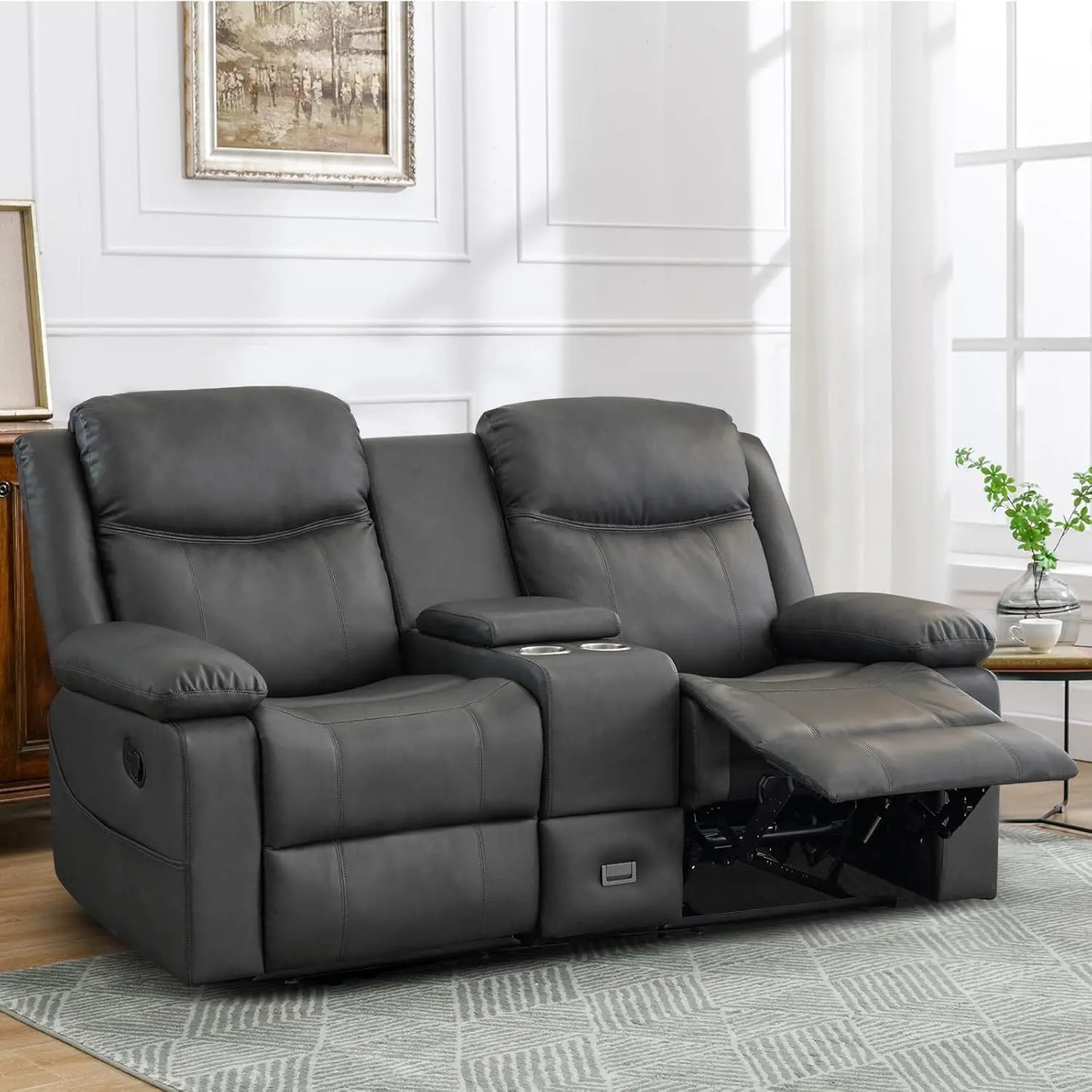 Reclining Loveseat with Console, Double Reclining Loveseat, 2 Seater Manual Reclining Couch for Living Room, Office,Home Theater