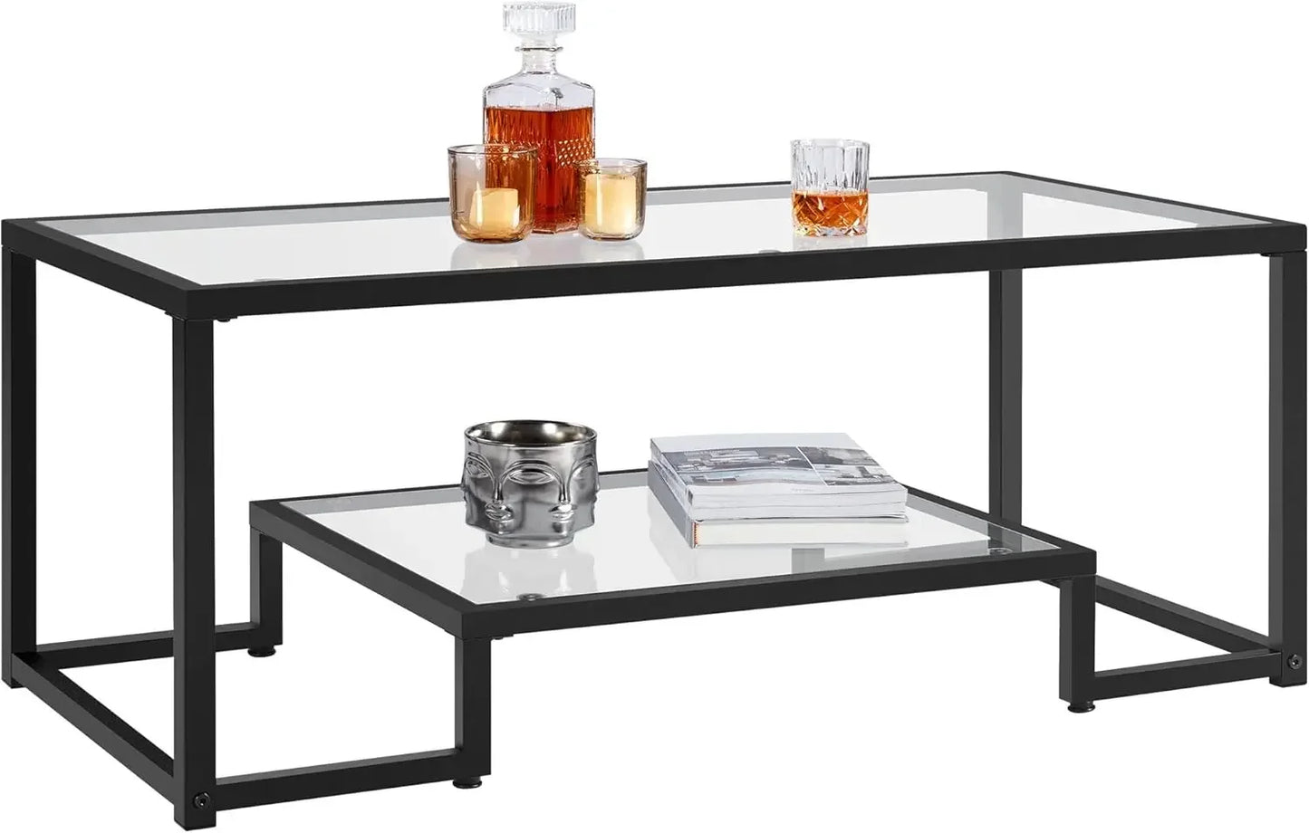 Coffee Table,42" Rectangular Glass Coffee Table for Living Room,2-Tier Center Tea Table W Metal Frame for Small Space, Apartment