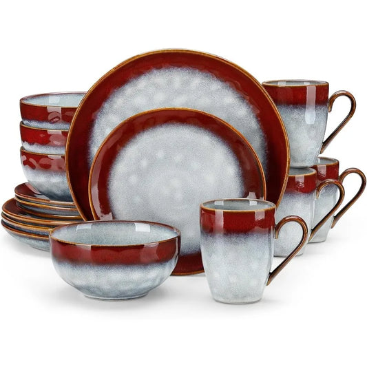 Red Dinnerware Set, Reactive Glaze Dinner Sets, Plates and Bowls Set for 4, 16 Pcs Ceramic Dish Set Stoneware
