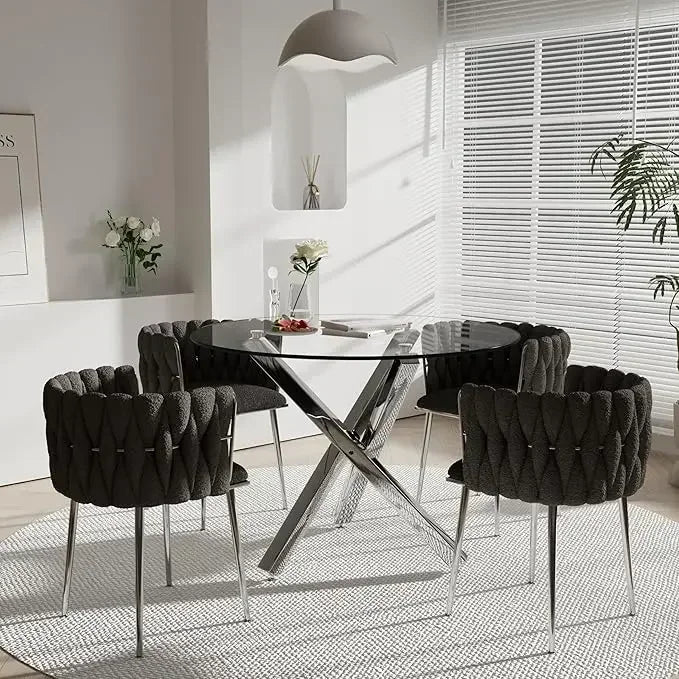 Dining Table Set for 4 with Grey Woven Dining Chair, 5 Pieces Minimalist Modern Round Glass Dinner Room Table Set