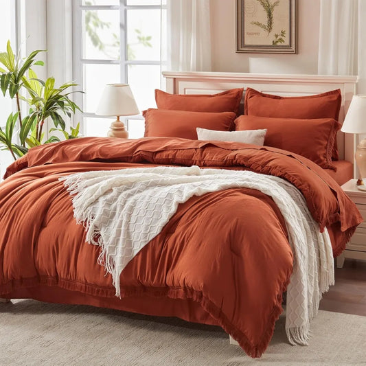 King Size Comforter Set with Sheets Burnt Orange - 7 Pieces Bed in a Bag Boho Soft Lightweight