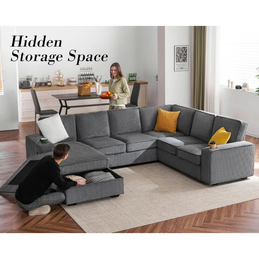 U Shaped Sofa with USB ports, Sectional Sofa Couch with Storage Chaise, Corduroy Grey