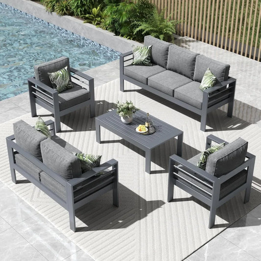 Aluminum Patio Furniture Set, Conversation Sets Metal Sectional Sofa with Coffee Table, Garden Furniture Sets