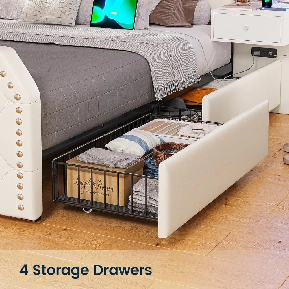 Tall Platform Bed Frame With 4 Storage Drawers Built in Charging Station & LED Bedroom