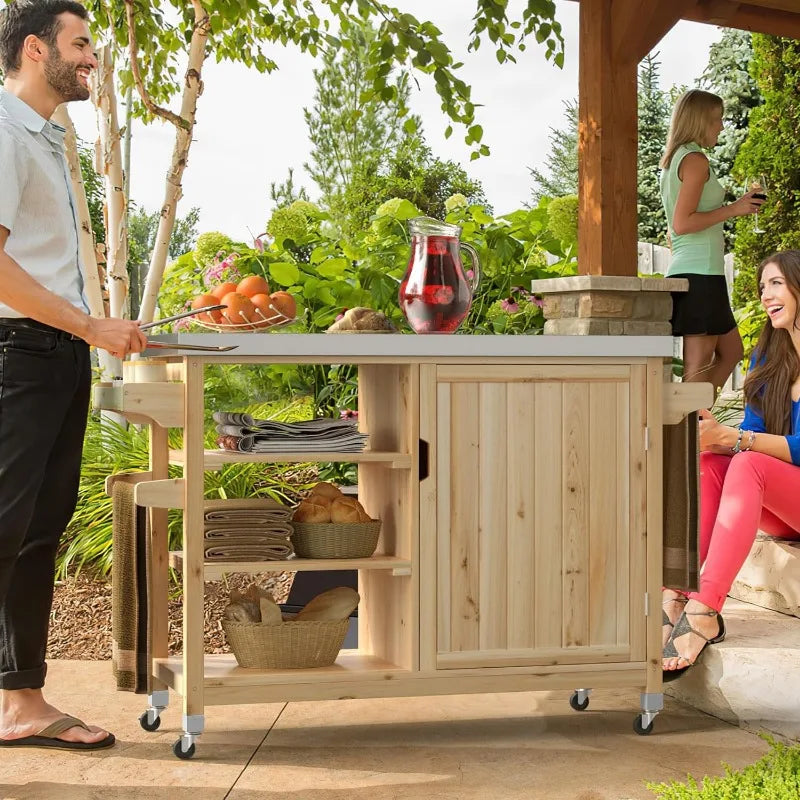 Outdoor Table and Storage Cabinet Solid Wood Movable Grill Table with Stainless Steel Top