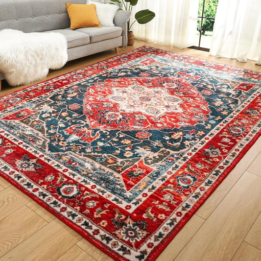 Vintage Washable Area Rug - 4x6 Soft Low-Pile Floor Carpet for Living Bedroom Rug,