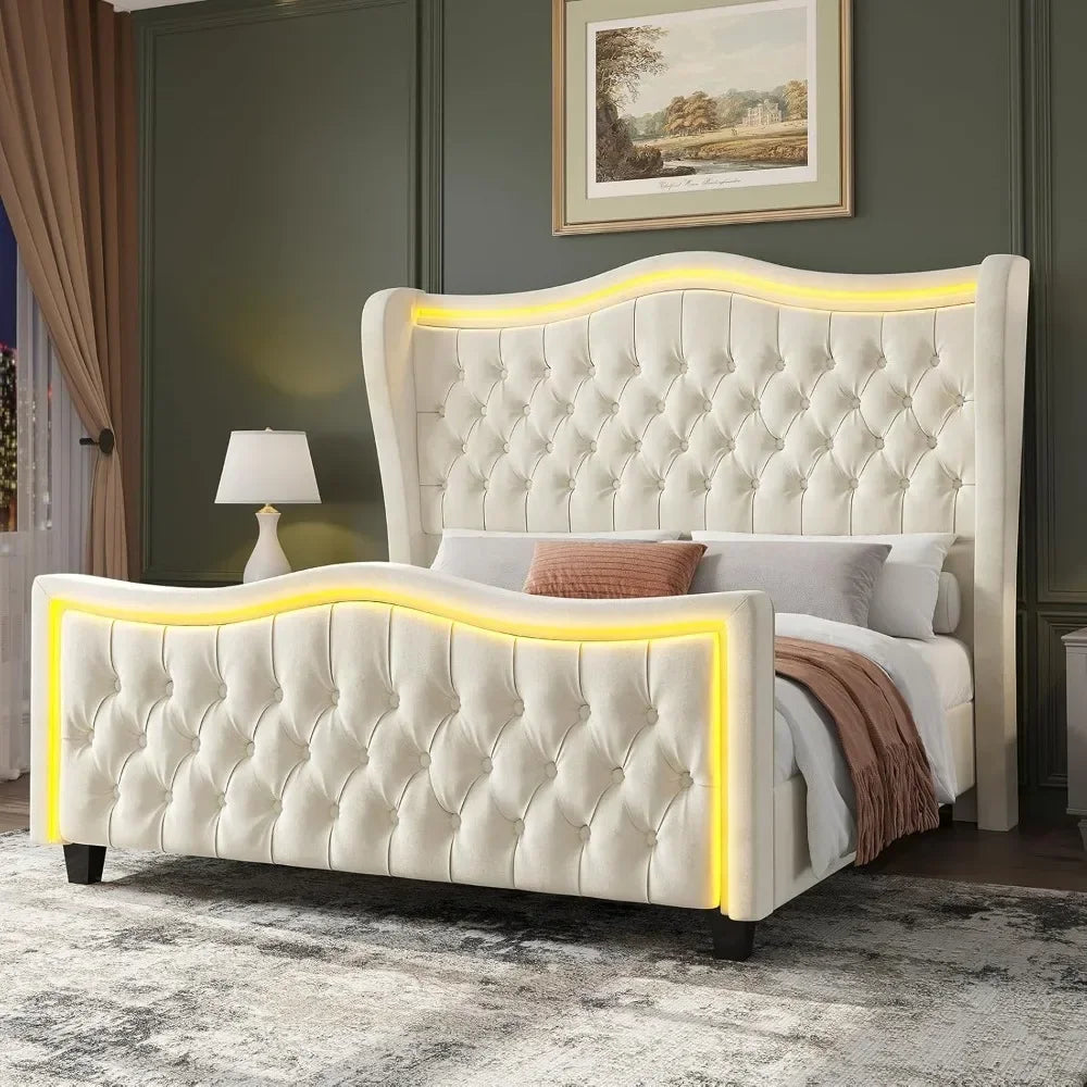 Upholstered Platform Wingback Bed with Handmade Deep Button Tufted Headboard Footboard