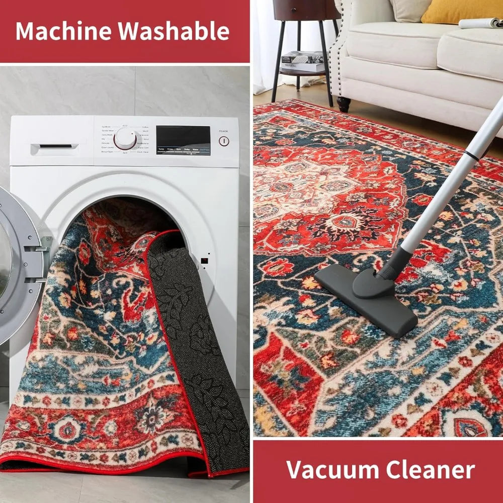 Vintage Washable Area Rug - 4x6 Soft Low-Pile Floor Carpet for Living Bedroom Rug,