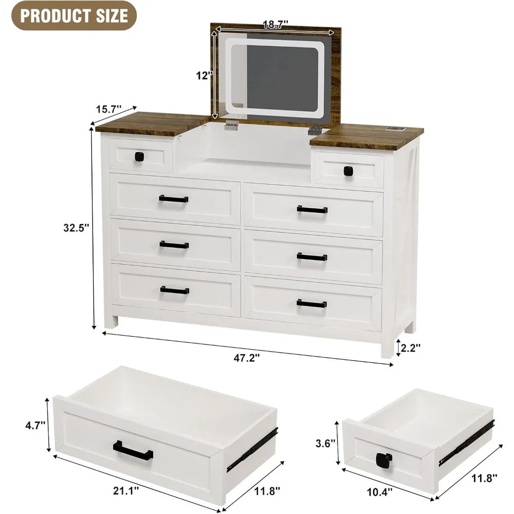 Dresser, Bedroom Dresser with LED Mirror, 8 Drawers with Charging Station,