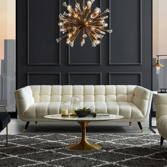 Adept Contemporary Mid-Century Modern Performance Velvet Upholstered Tufted Sofa in Ivory