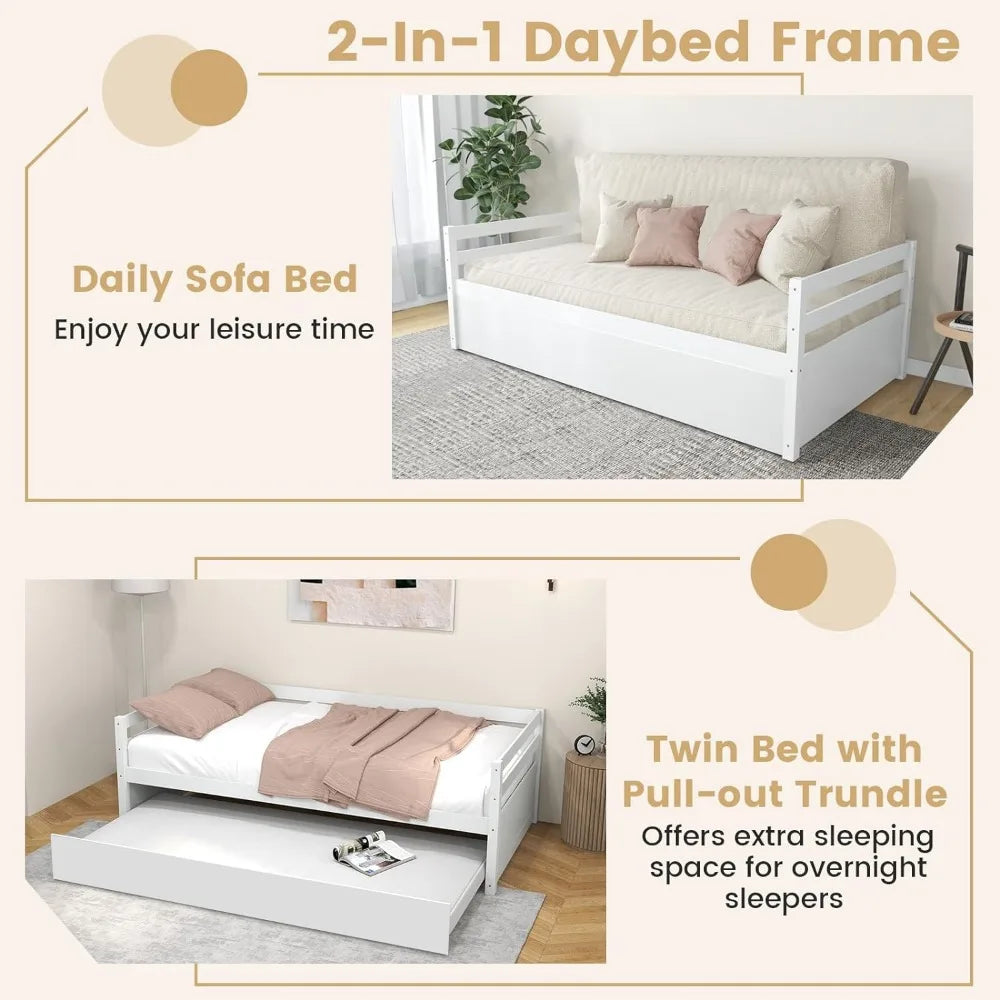 Twin Bed with Trundle, Wood Daybed Frame with Trundle, No Box Spring Needed Sofa Bed Frame, Twin Size Bed