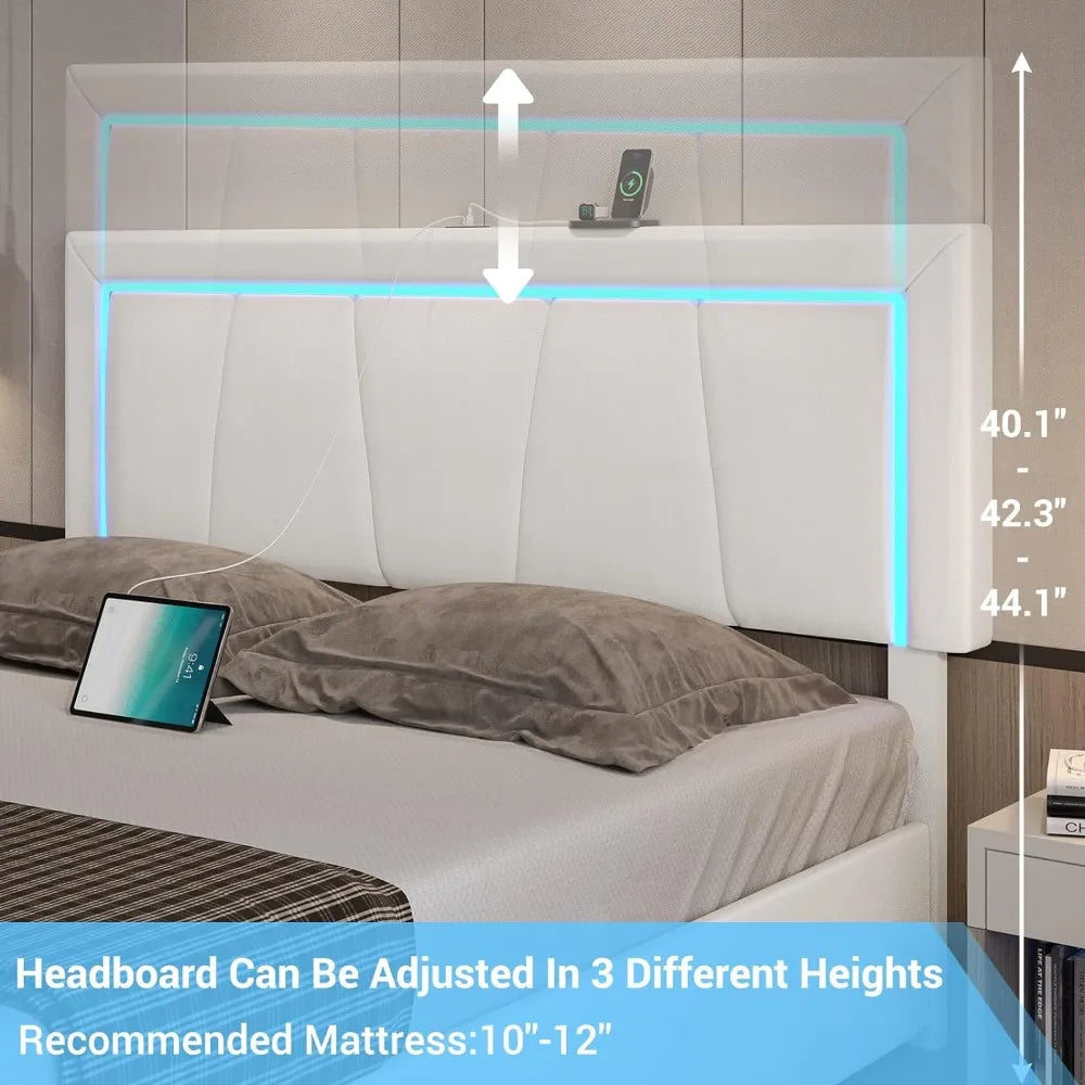 Bed Frame Queen Size with 4 Storage Drawers and LED Lights Faux Leather Upholstered Queen LED Platform Bed Frame with USB Ports