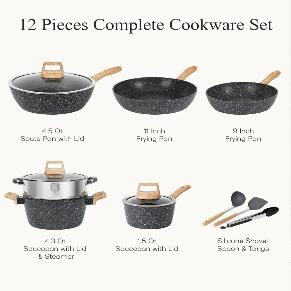 Pots and Pans Set Non Stick, 12 Pcs Kitchen Cookware Sets Induction Cookware Granite Cooking Set