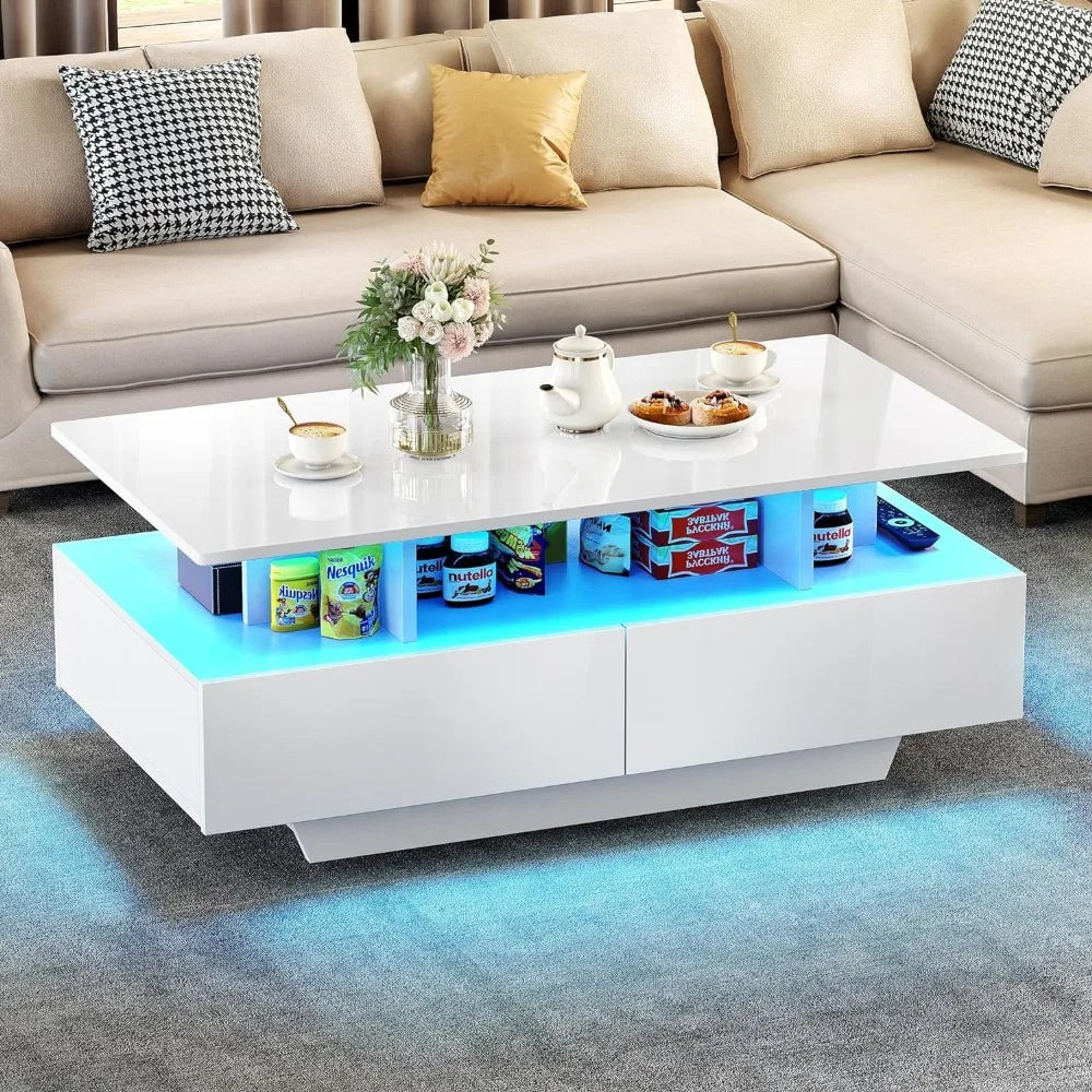 LED Coffee Table with Storage, High Glossy LED Coffee Tables for Living Room, Small Center Table with Open Display Shelf