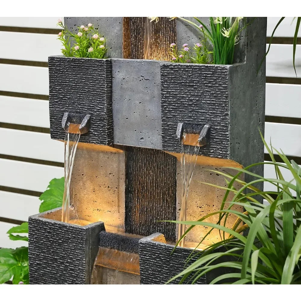 Garden Fountain Outdoor Garden, Terrace, 3 Floor Modern Cascade Outdoor Waterfall Fountain with Lights