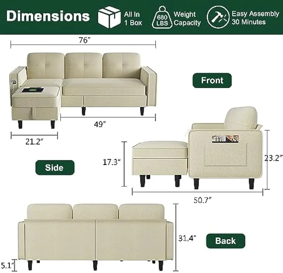 Sectional Sofa Couch with LED Lights/USB/Type C Port, Modern L Shaped Couch with Auto Sensor Light, Reversible