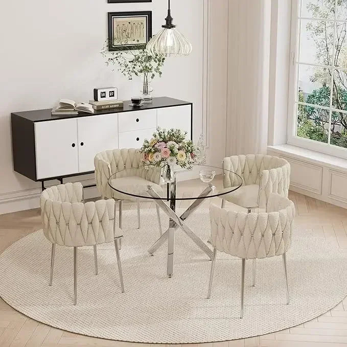 Dining Table Set for 4 with Grey Woven Dining Chair, 5 Pieces Minimalist Modern Round Glass Dinner Room Table Set