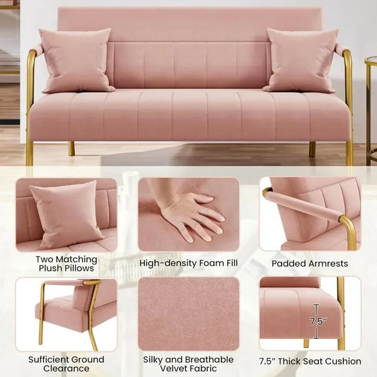 Sofa Luxurious Velvet Fabric Couch with Gold-Tone Metal Arms and Legs for Bedroom, Studio Pink