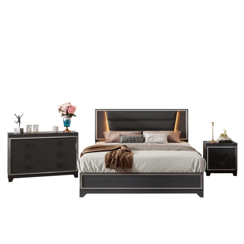 Bedroom Sets Queen Size Upholstered Bed with LED Lights, Nightstands and Dresser with Metal Handles White /black