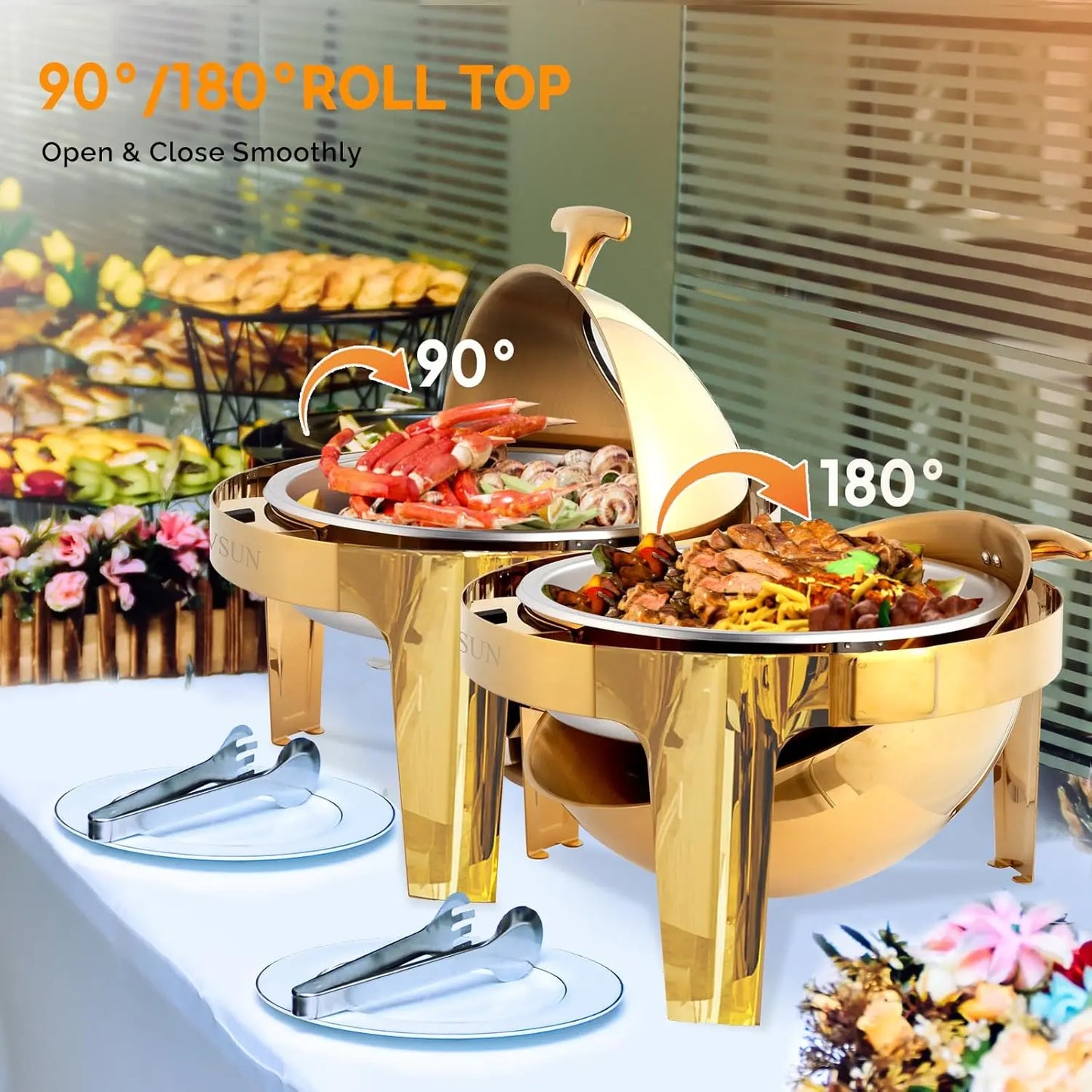 Round Chafing Dish Buffet Set, Roll Top NSF Stainless Steel Buffet Warmer Chafers