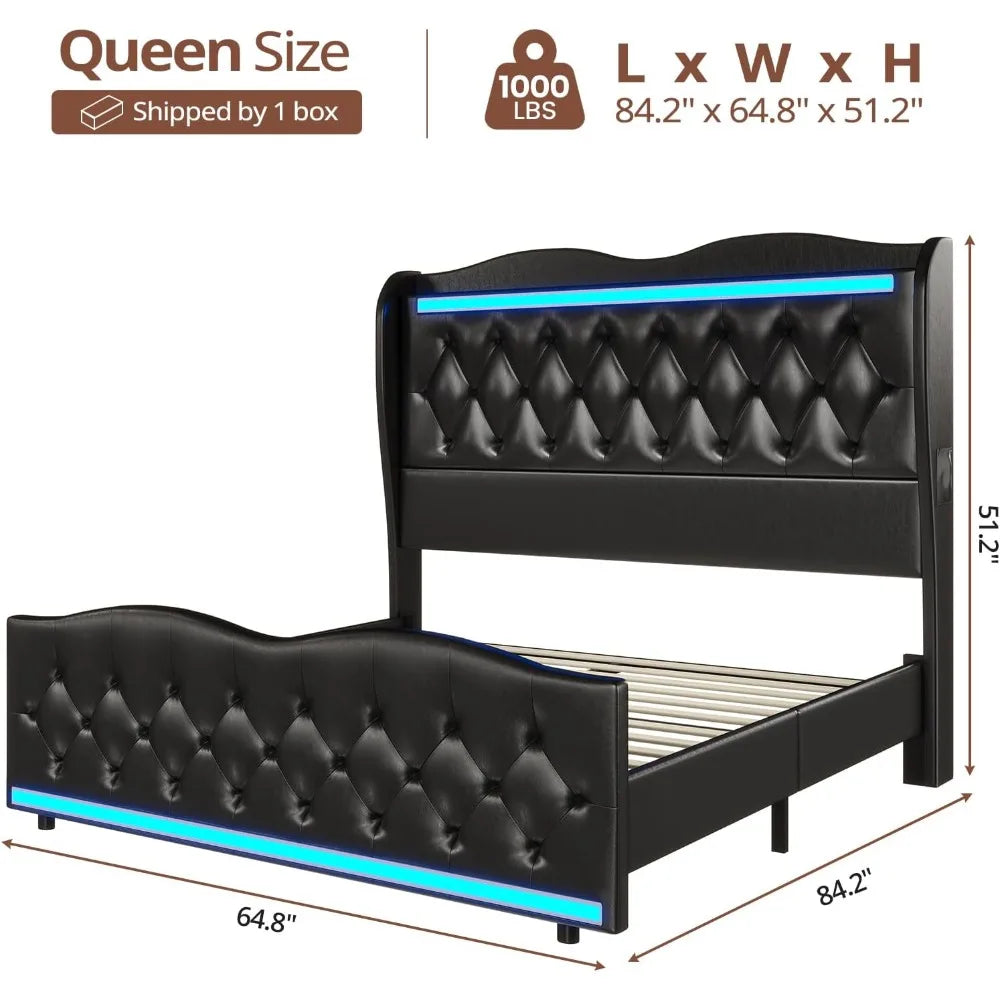 Queen Size Bed Frame Tall Headboard with LED Lights & Charging Station,