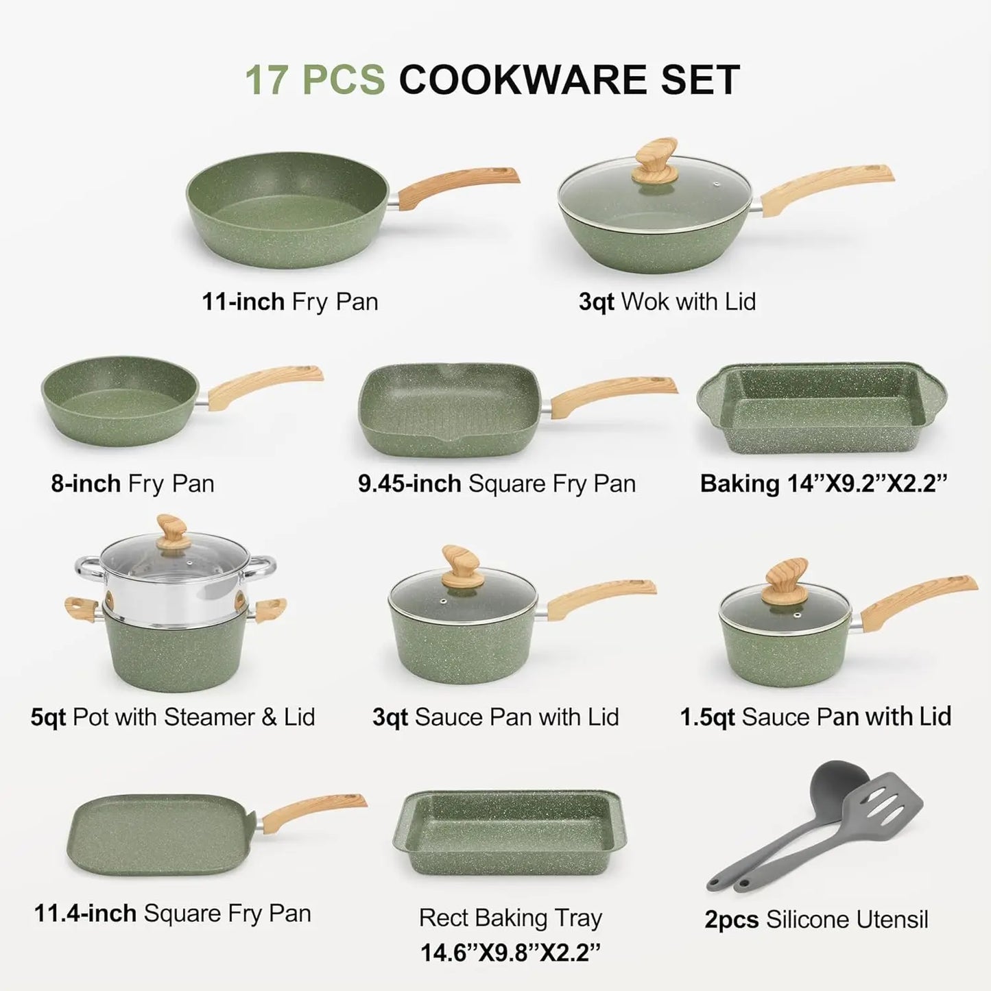 - Kitchen Cookware Sets with Nonstick Granite Stone Coating, Induction, Dishwasher Safe,