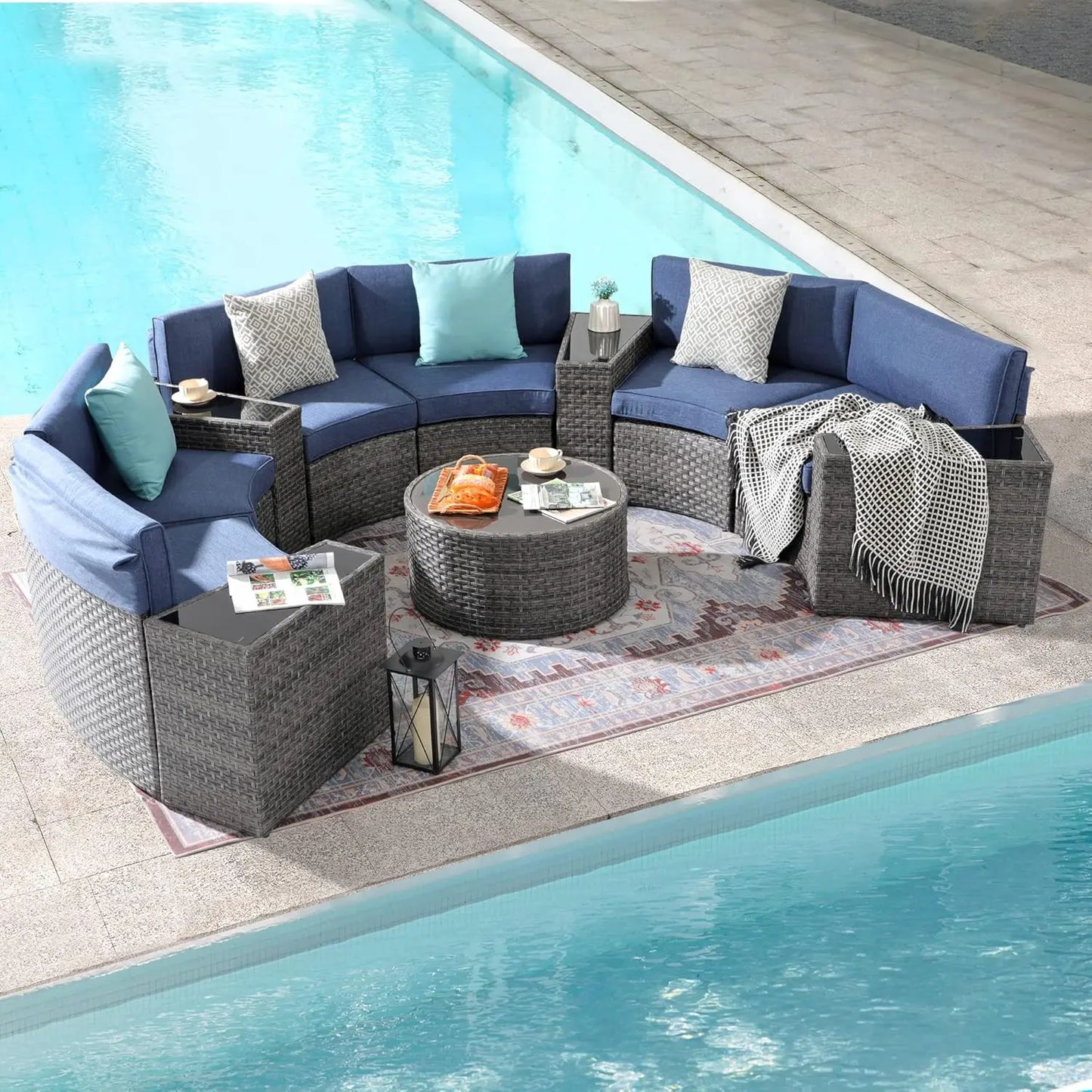 Furniture Sets with Tempered Glass Coffee Table and 4 Pillows, Half-Moon Sectional Round Set Curved Sofa Sets