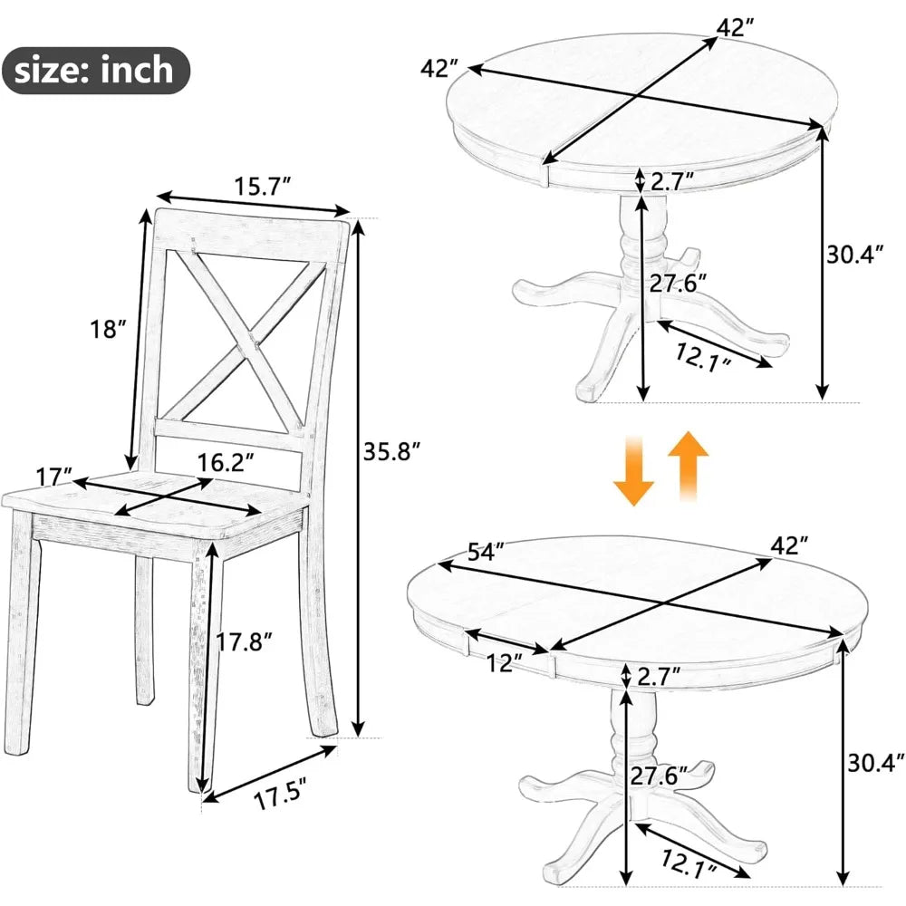 5 unique rural dining table sets, expandable round dining table and 4 chairs with backrests, kitchen dining table set