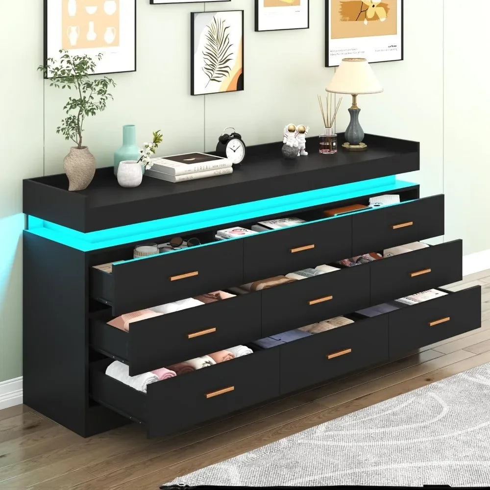 Modern Dresser 9 Drawer with LED Light,Wide Drawer Organizer Cabinet for Bedroom