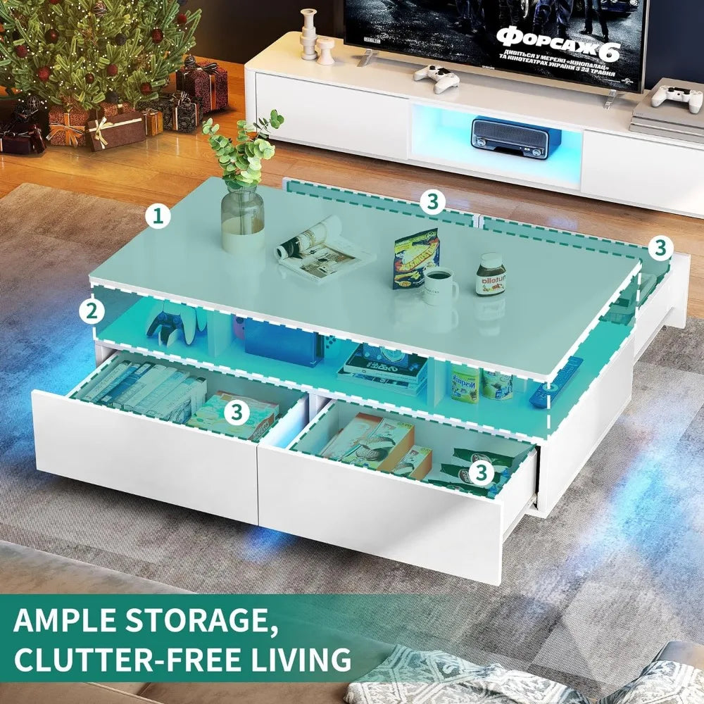 LED Coffee Table with Storage, High Glossy LED Coffee Tables for Living Room, Small Center Table with Open Display Shelf