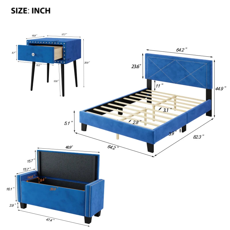 Bedroom Sets Queen Size Upholstered Bed Frame with Rivet Design, Nightstands