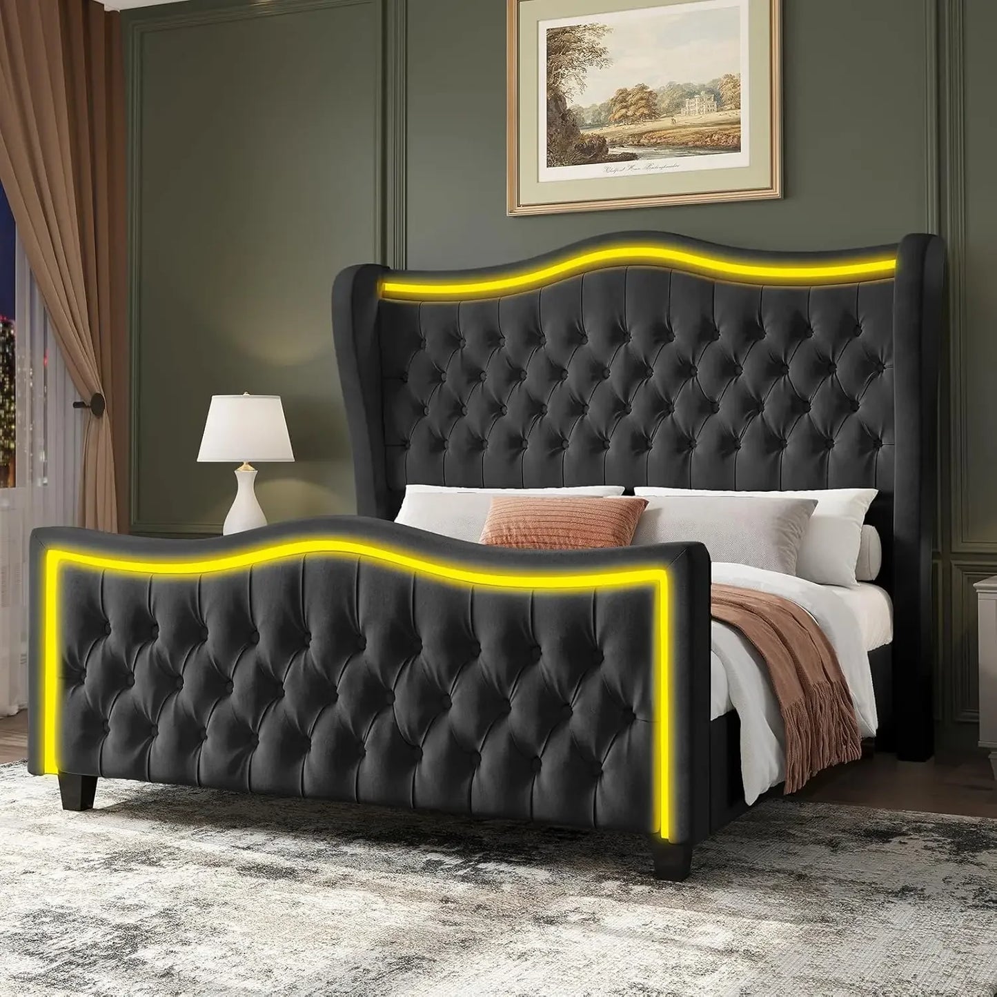 Upholstered Platform Wingback Bed with Handmade Deep Button Tufted Headboard Footboard