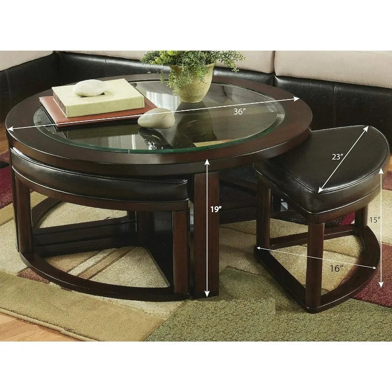 Roundhill Furniture Cylina Solid Wood Glass Top Round Coffee Table with 4 Stools, Espresso Coffee Tables