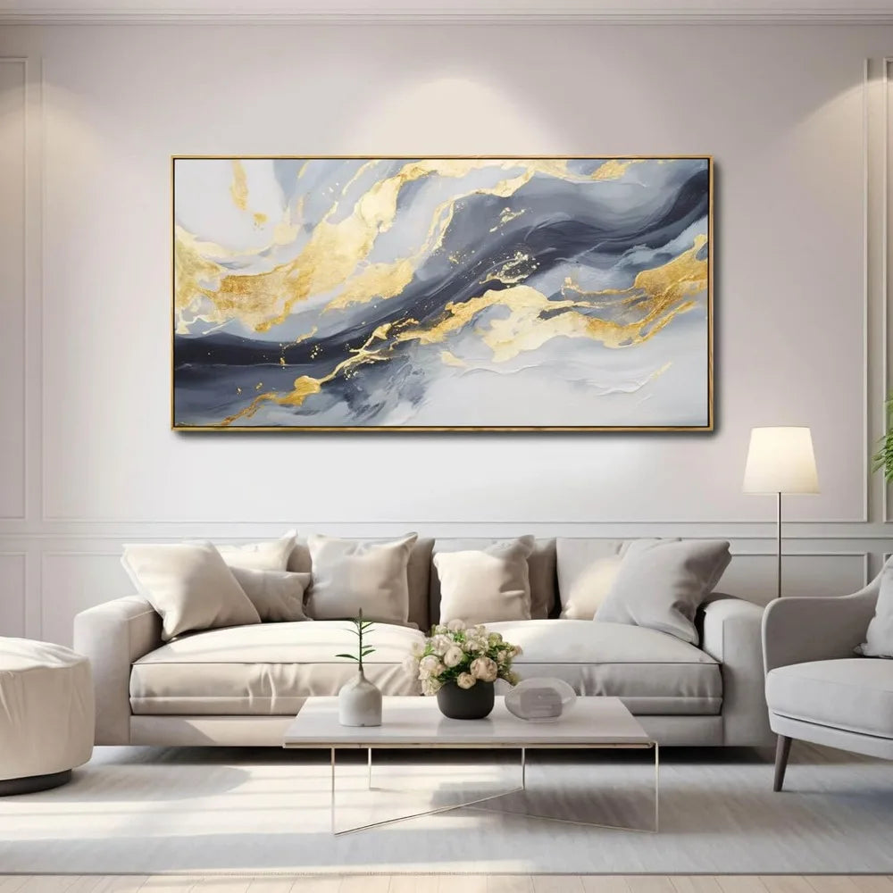 Large abstract canvas wall art gold decoration blue painting living room