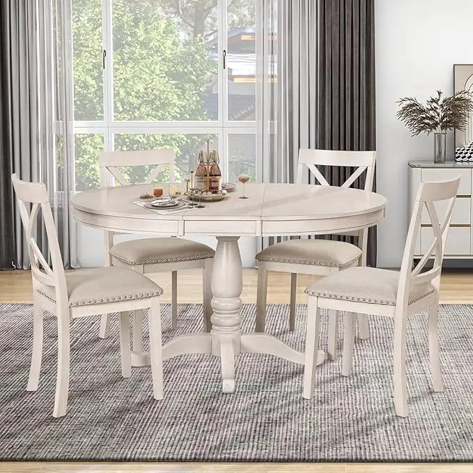 5 unique rural dining table sets, expandable round dining table and 4 chairs with backrests, kitchen dining table set
