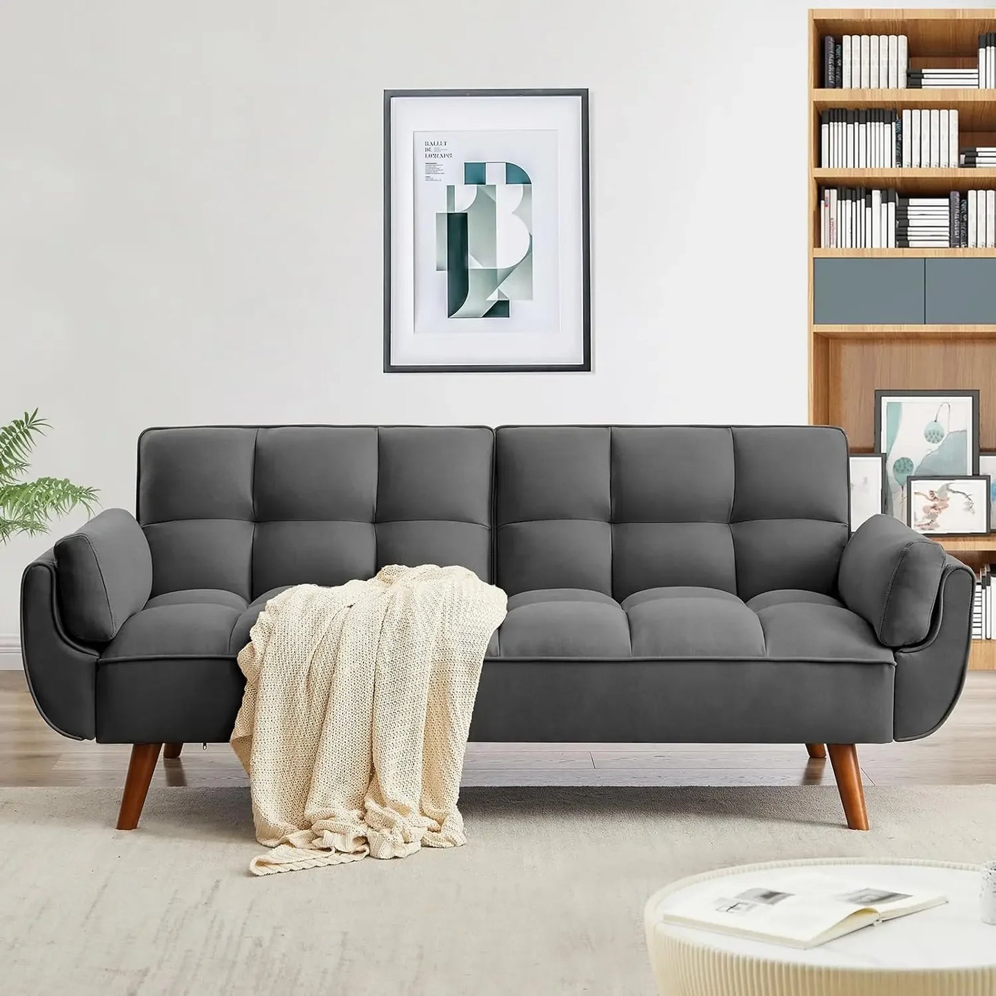 Tufted Sofa Convertible Futon Sofa Bed with Adjustable Backrests and Solid Wood Legs for Living Room, Bedroom