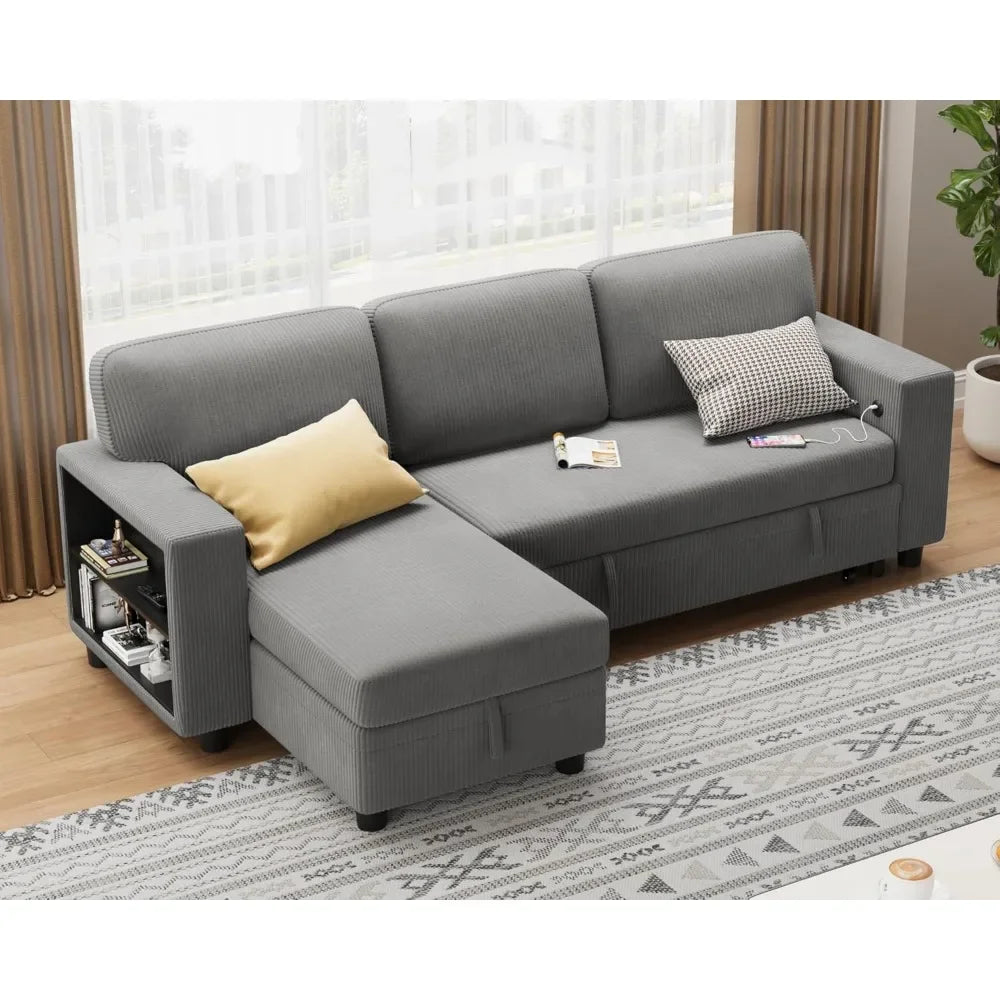 Sleeper Sofa, Sofa Bed with Built-in Large Storage and 2 Bookshelves, Convertible Sectional Sofa Couch