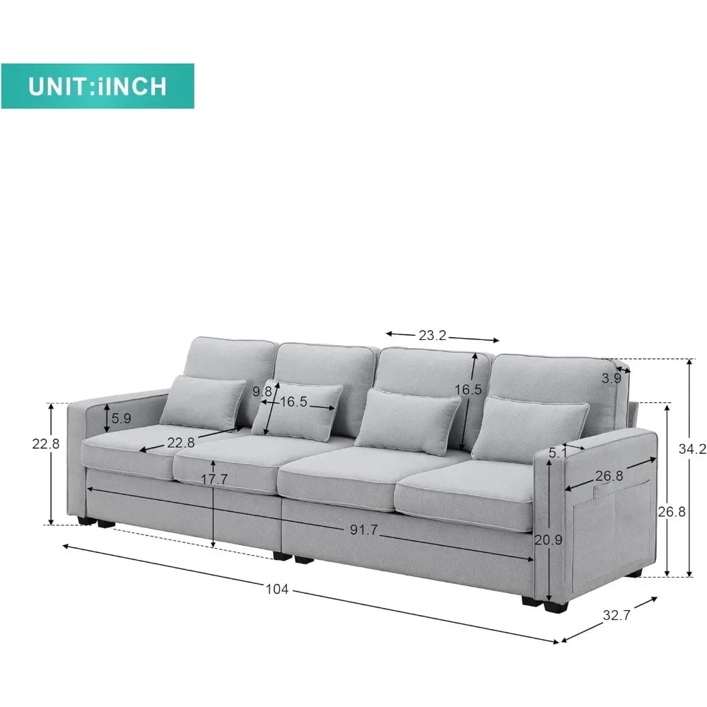 Sofa with Armrest Pockets and 4 Pillows, Minimalist Style 4-Seater Couch for Living Room, Apartment, Gray