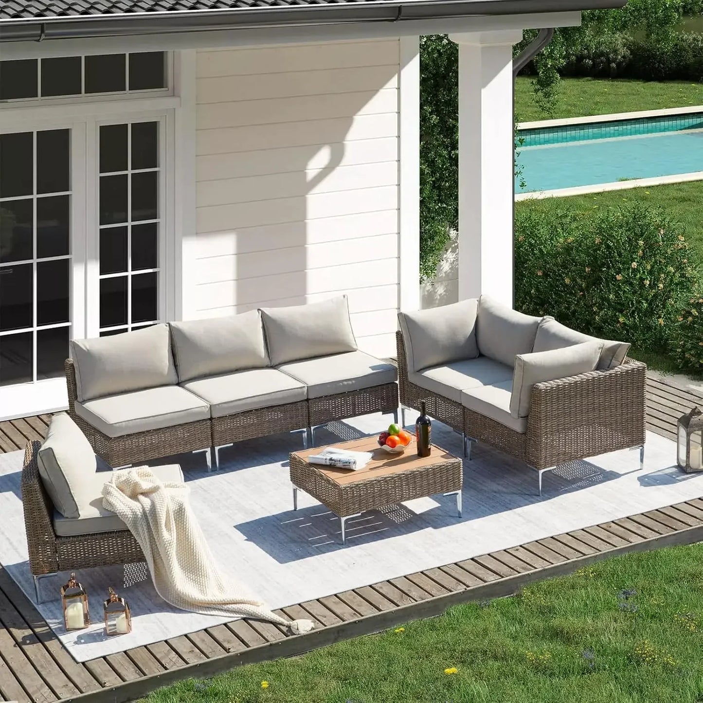 Outdoor Courtyard Furniture Set, 7-piece Outdoor Combination Sofa PE Rattan Willow Courtyard Reception Set
