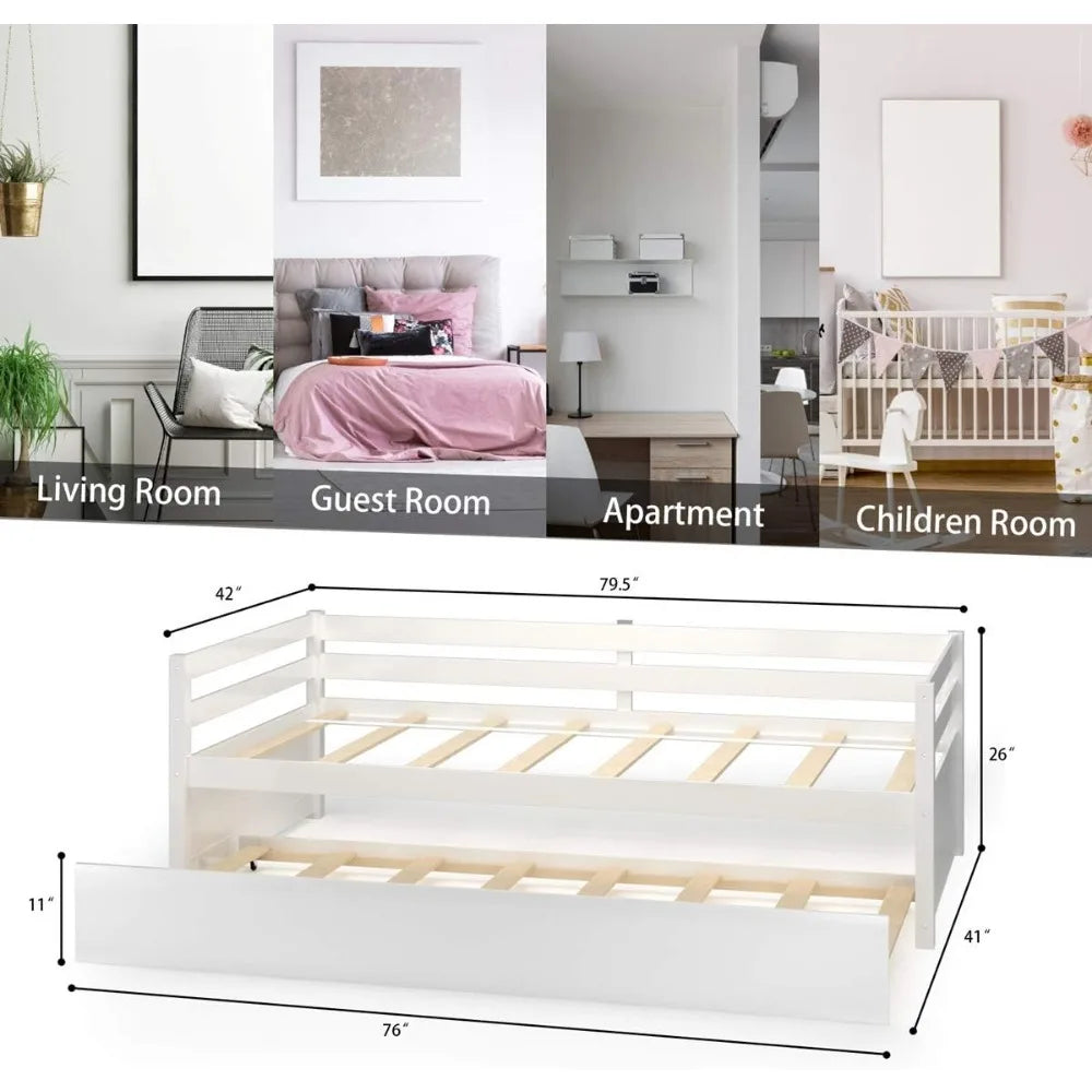 Twin Bed with Trundle, Wood Daybed Frame with Trundle, No Box Spring Needed Sofa Bed Frame, Twin Size Bed