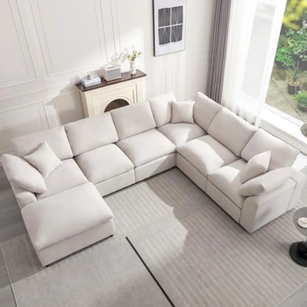 Sofa Modern Oversized Cloud Couch with Movable Ottoman 7 Seater L-Shaped Sofas Comfy Couches for Living Room