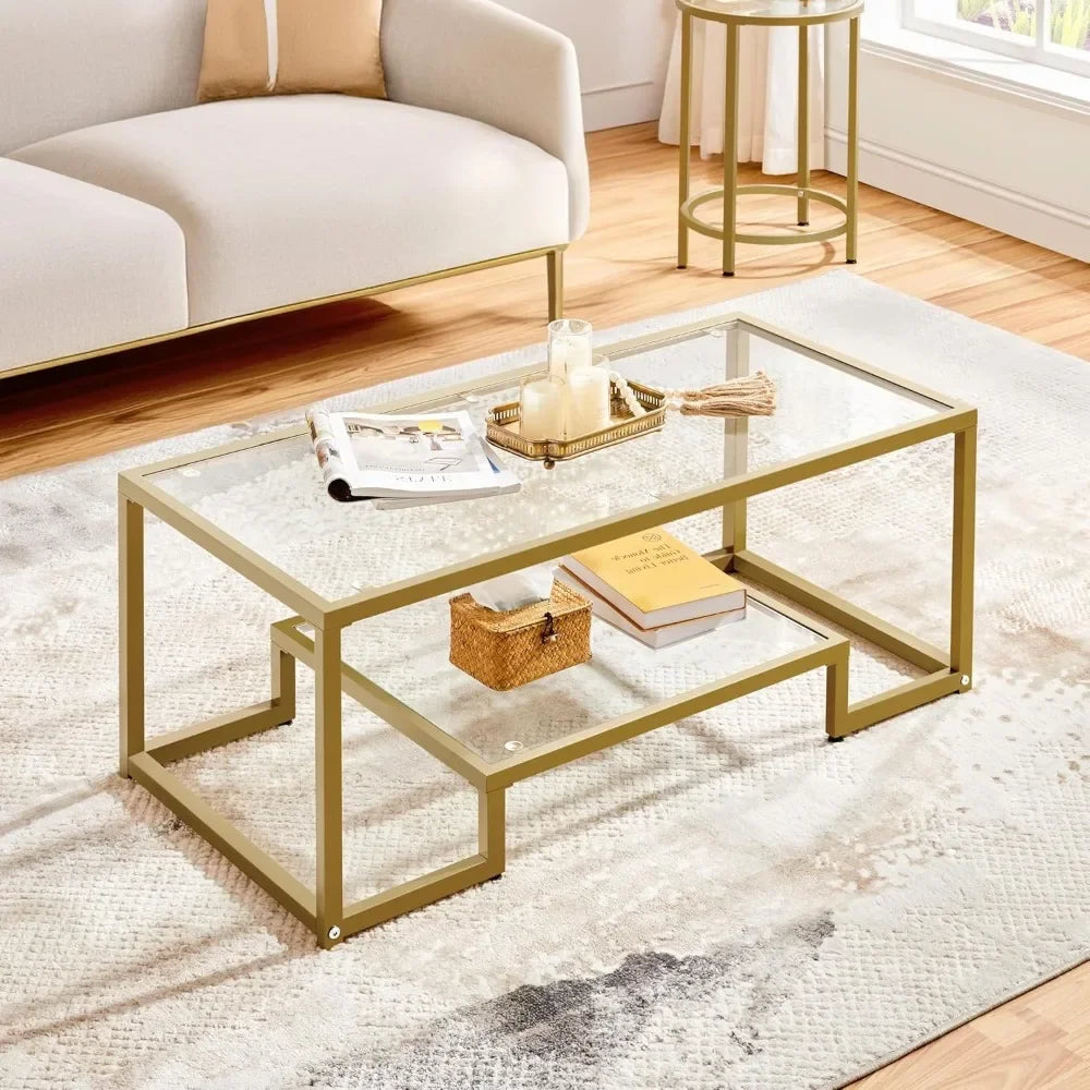 Coffee Table,42" Rectangular Glass Coffee Table for Living Room,2-Tier Center Tea Table W Metal Frame for Small Space, Apartment