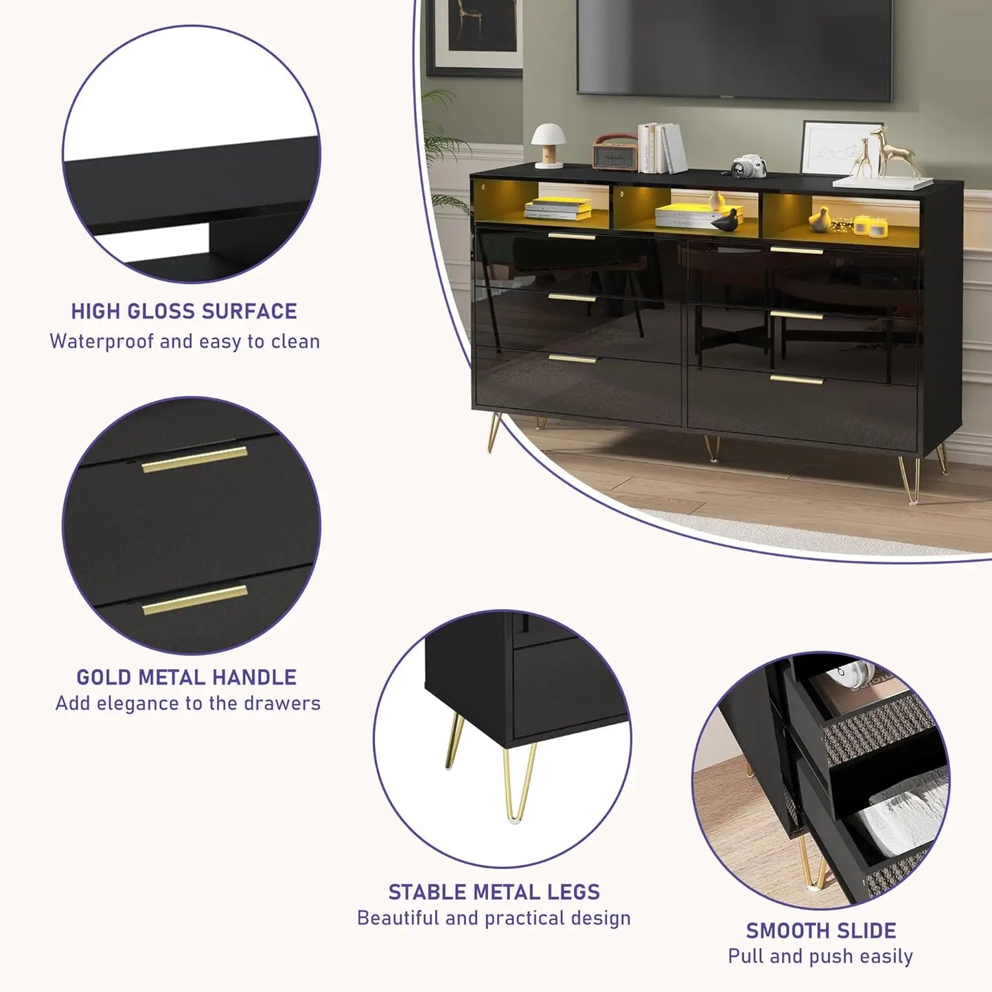 Black Dresser for Bedroom with LED Lights, 6 Drawer with Gold Legs, High Gloss Modern Wood