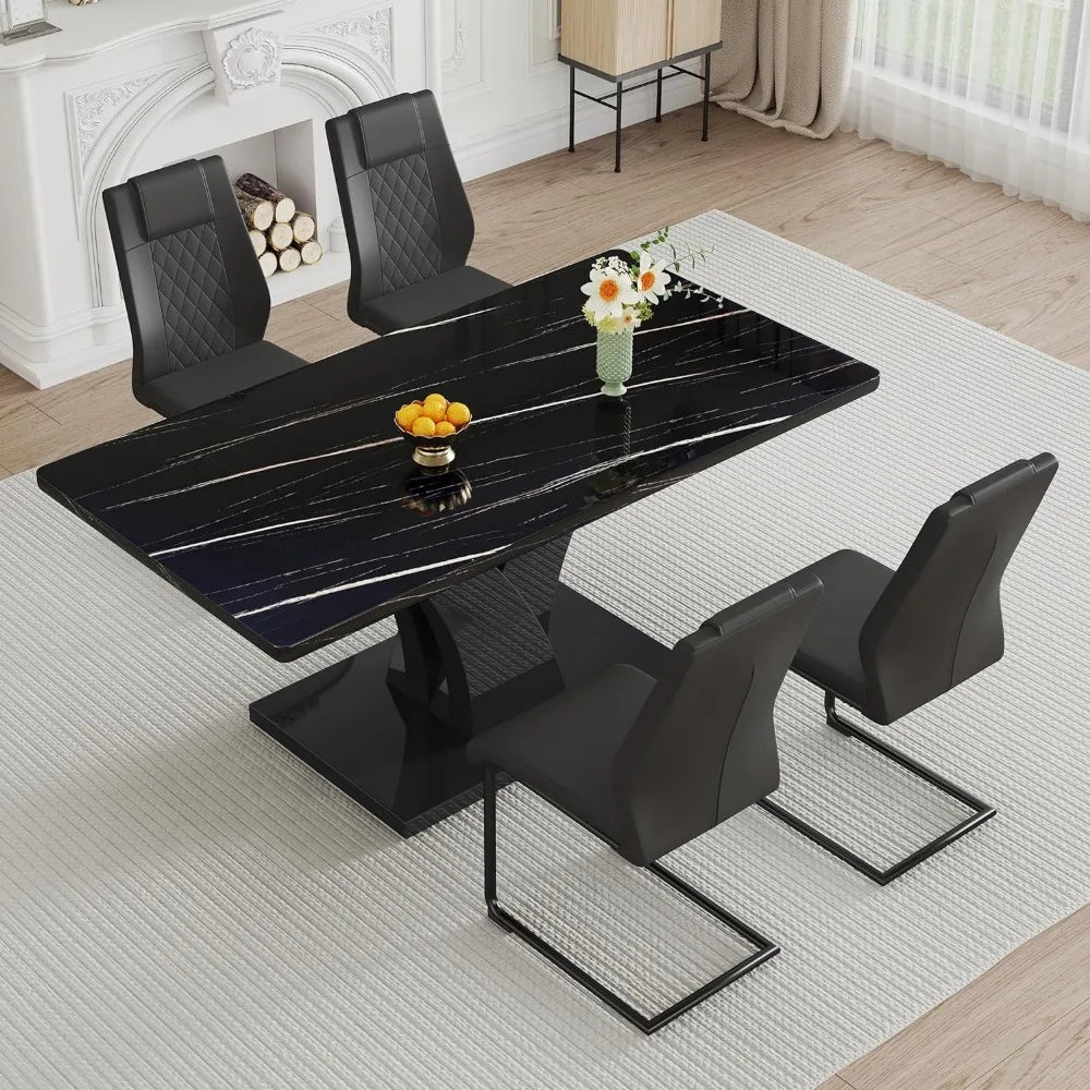 Modern Dining Table Set, Rectangular Faux Marble Kitchen Table Set,