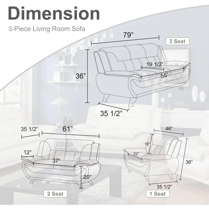 Leather Sofa Set for Living Room, Modern Couch Set with 3-Seater Sofa, Lovesat and Armchair