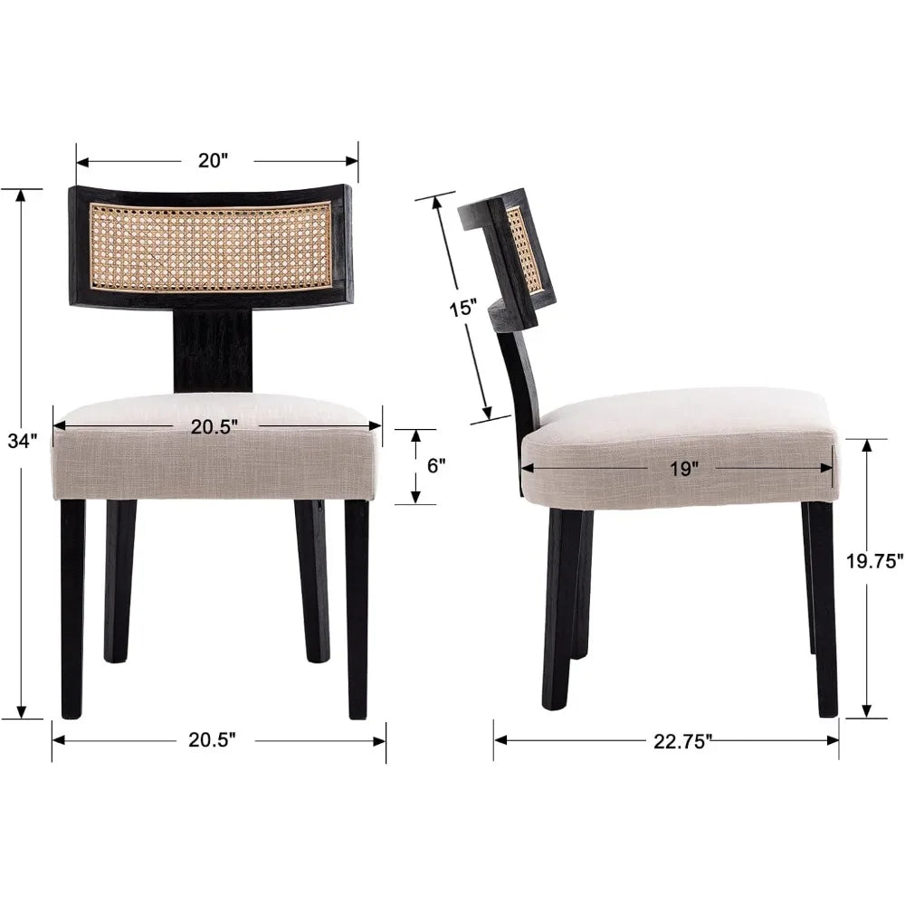 Mid Century Modern Rattan Dining Chairs Set of 4, Farmhouse Linen Upholstered Accent Chair Curved Backrest Kitchen Chairs, with