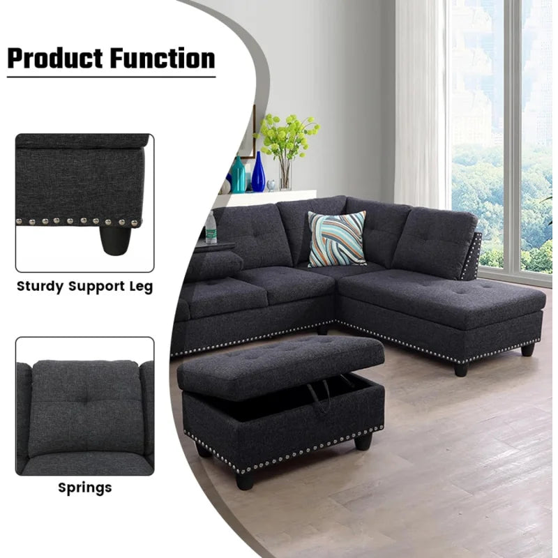 L Shaped Sofa with Ottoman Modern Nail-Head Design Linen Facing Sectional Couches with Cup Holder for Living Room etc.