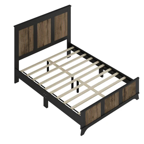 4-Pieces Bedroom Sets, Queen Size Farmhouse Platform Bed with Wooden Strip Decoration, Storage Nightstand and Dresser