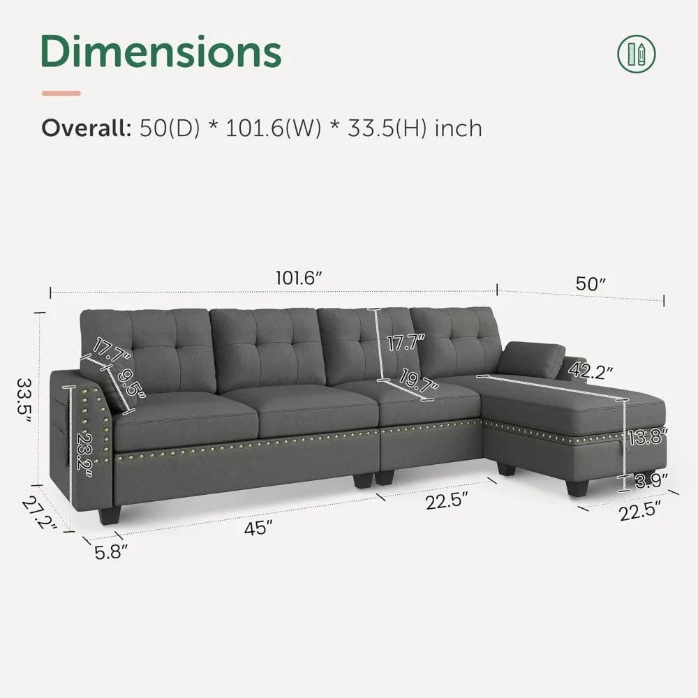 Reversible Sectional Sofa L-Shape Sofa Convertible Couch 4-Seater Sofas Sectional for Apartment Dark Grey side table